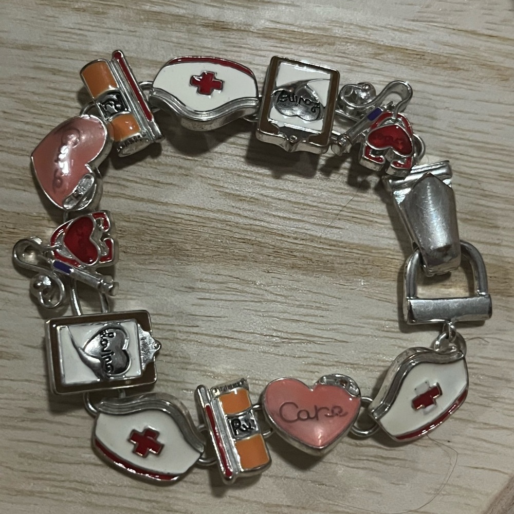 Medical-Themed Silver Link Bracelet with Pink Heart Charms